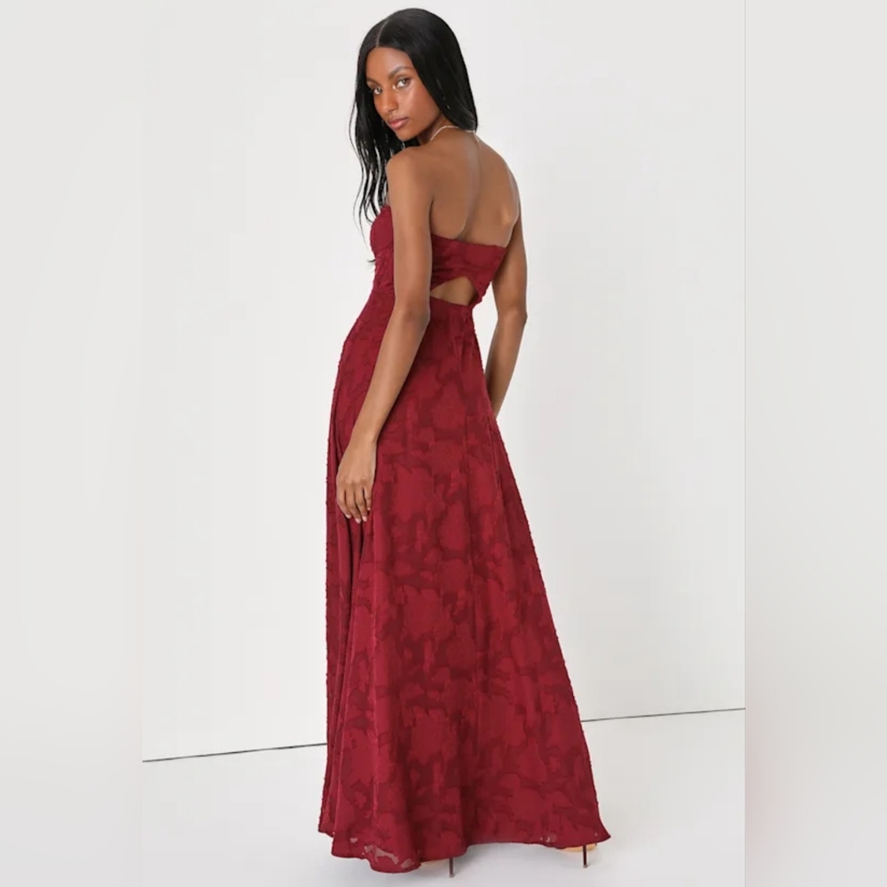 NWT Lulu's Burgundy Floral Burnout Strapless Maxi Dress Size Medium=6/8 - Picture 3 of 5